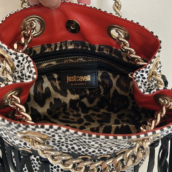 🎈FINAL PRICE🎈JUST CAVALLI Black & White Spotted Leather Bag with Black Fringe - Picture 12 of 14